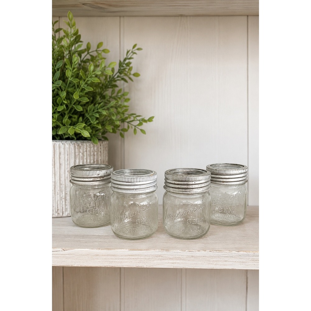 Vintage Improved GEM Half Pint Canning Jars Set of 4 Glass Lids Farmhouse Canada